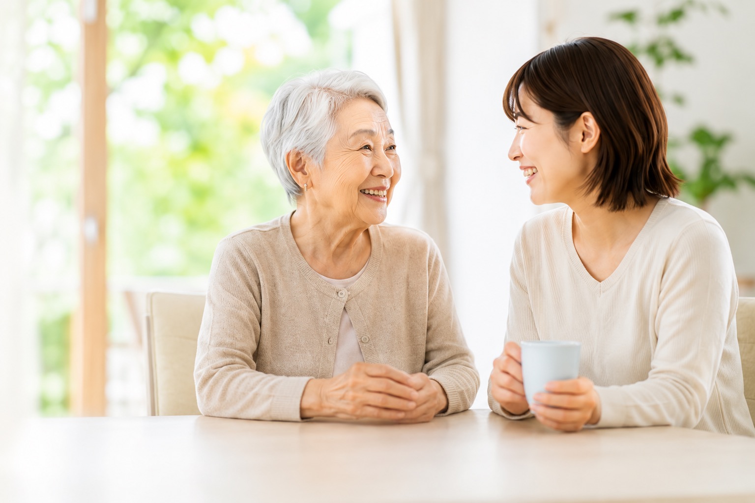 明るい窓辺で会話する高齢の母親と娘のイメージ写真